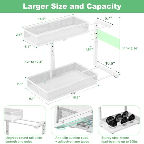 Dolesman Under Sink Organizer, High Adjustable 2 Tier Under Sink Organizers and Storage, Slide out Metal Cabinet Organizers, Pull out Storage Drawer Shelf for Kitchen Bathroom Cabinet (1, White) - Image 4