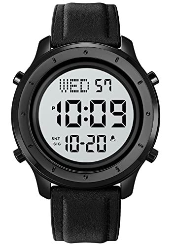 PASOY Mens Big Dial Digital Leather Watch Black Simple Large Display Countdown Alarm Stopwatch LED Backlight Business Multifunction Watches - Image 2
