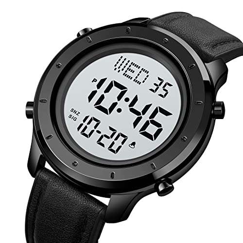 PASOY Mens Big Dial Digital Leather Watch Black Simple Large Display Countdown Alarm Stopwatch LED Backlight Business Multifunction Watches - Image 3