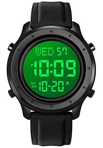 PASOY Mens Big Dial Digital Leather Watch Black Simple Large Display Countdown Alarm Stopwatch LED Backlight Business Multifunction Watches - Image 1