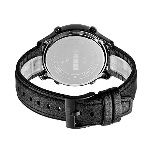 PASOY Mens Big Dial Digital Leather Watch Black Simple Large Display Countdown Alarm Stopwatch LED Backlight Business Multifunction Watches - Image 4
