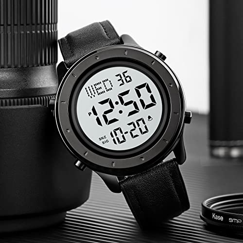 PASOY Mens Big Dial Digital Leather Watch Black Simple Large Display Countdown Alarm Stopwatch LED Backlight Business Multifunction Watches - Image 5