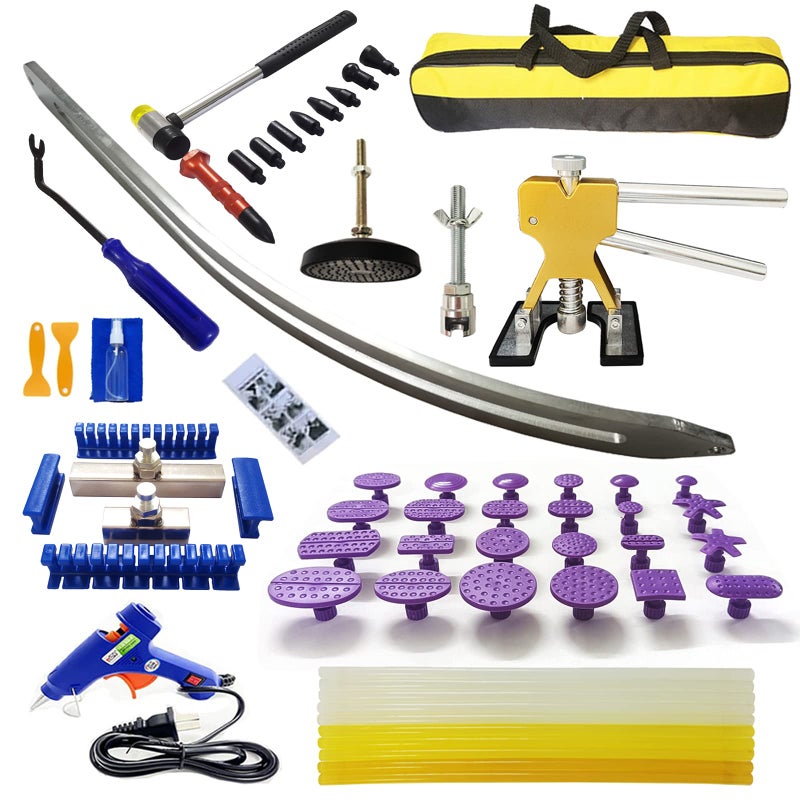 CYGOODS 1set Car Dent Removal Kit Auto Fender Damage Repair Big Curved Rod Crowbar Puller Lifter Rods Tools with Glue Tabs Glue Sticks Leveling Tools and More for Car Body Dent Repair