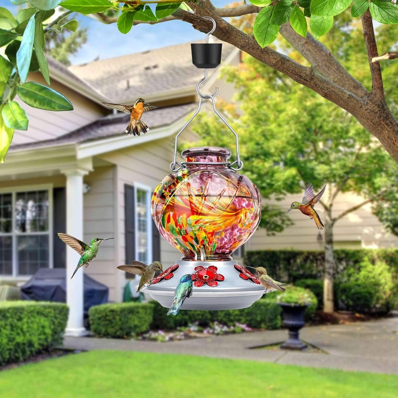 BOLITE Hummingbird Feeder, 24001P Hand Blown Glass Hummingbird Feeders for Outdoors Hanging, 22 Ounce, 5 Feeding Ports with Perch, Peony Flower Shape, Purple - Image 2