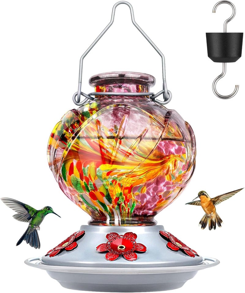 BOLITE Hummingbird Feeder, 24001P Hand Blown Glass Hummingbird Feeders for Outdoors Hanging, 22 Ounce, 5 Feeding Ports with Perch, Peony Flower Shape, Purple - Image 1