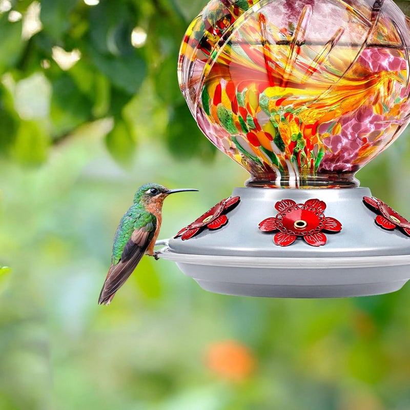 BOLITE Hummingbird Feeder, 24001P Hand Blown Glass Hummingbird Feeders for Outdoors Hanging, 22 Ounce, 5 Feeding Ports with Perch, Peony Flower Shape, Purple - Image 3