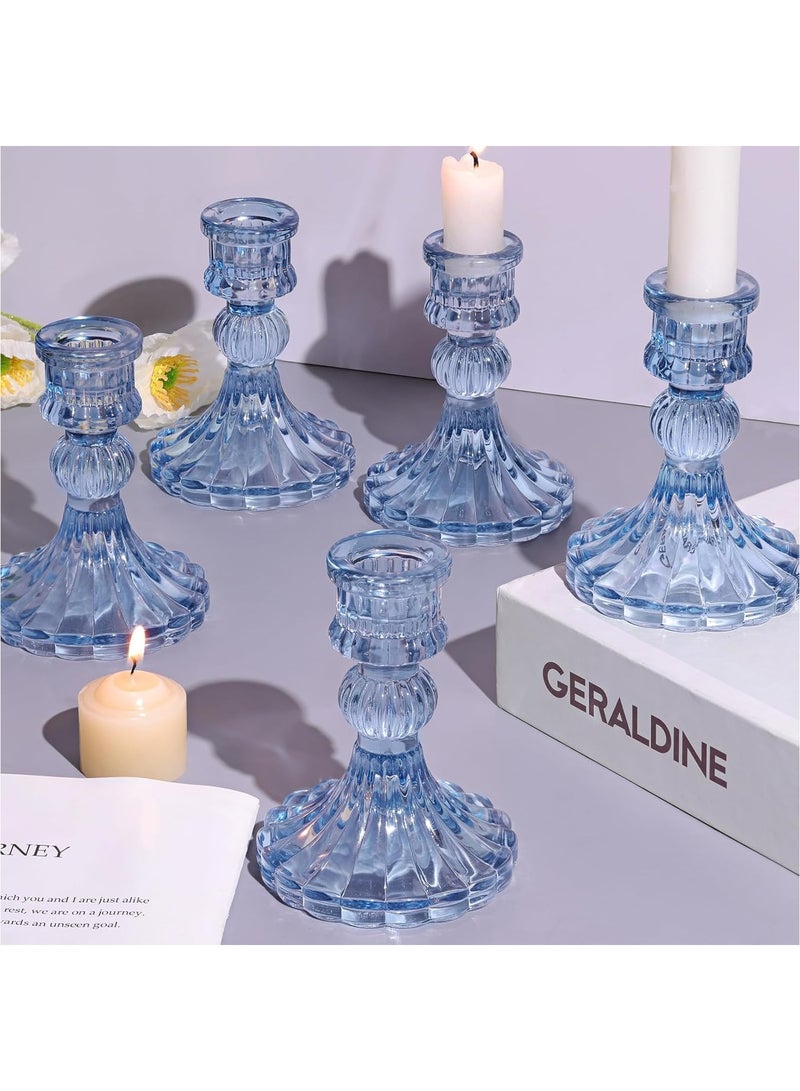 هوم زون مجموعة حوامل شمعدان زجاجية مكونة من 6 قطع حوامل شموع مدببة مخططة زرقاء لتزيين الطاولة وديكور المنزل والزفاف والحفلات - Image 1