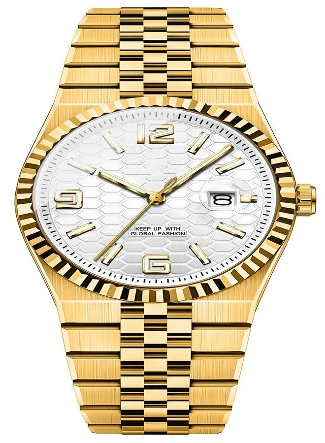 BESTKANG Men's Watch Quartz Luminous Date Fashion Waterproof Watch Classic Dress Stainless Steel Watches for Men, Gold White, Dress,Fashion, Trendy - Image 1