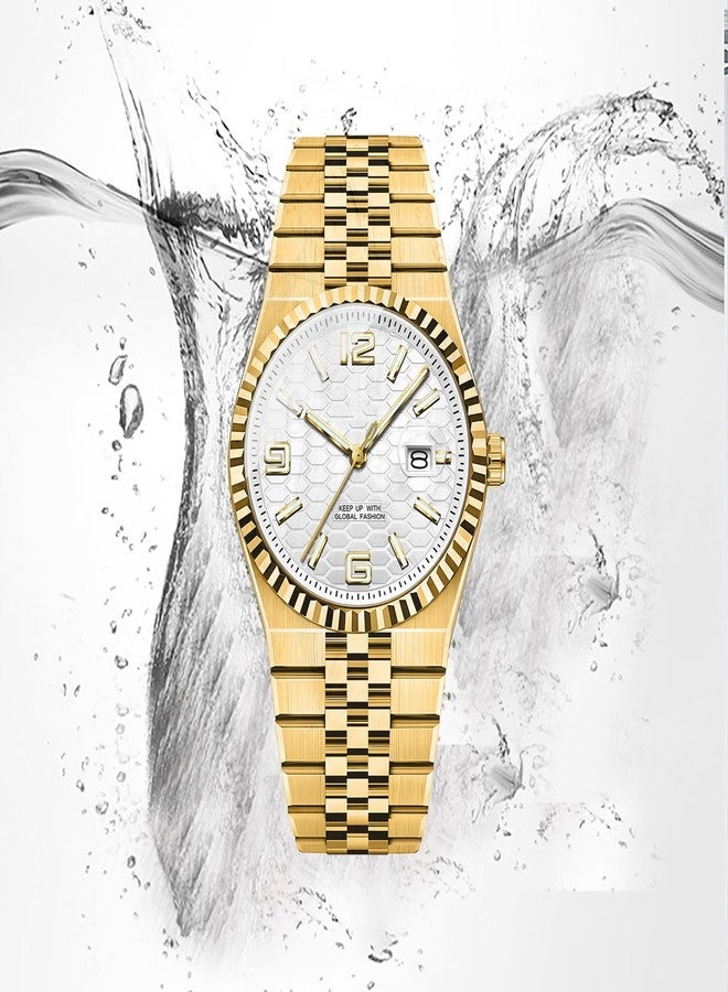 BESTKANG Men's Watch Quartz Luminous Date Fashion Waterproof Watch Classic Dress Stainless Steel Watches for Men, Gold White, Dress,Fashion, Trendy - Image 4