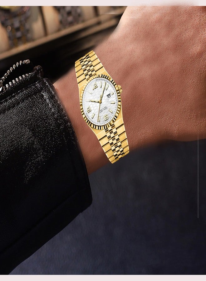 BESTKANG Men's Watch Quartz Luminous Date Fashion Waterproof Watch Classic Dress Stainless Steel Watches for Men, Gold White, Dress,Fashion, Trendy - Image 2
