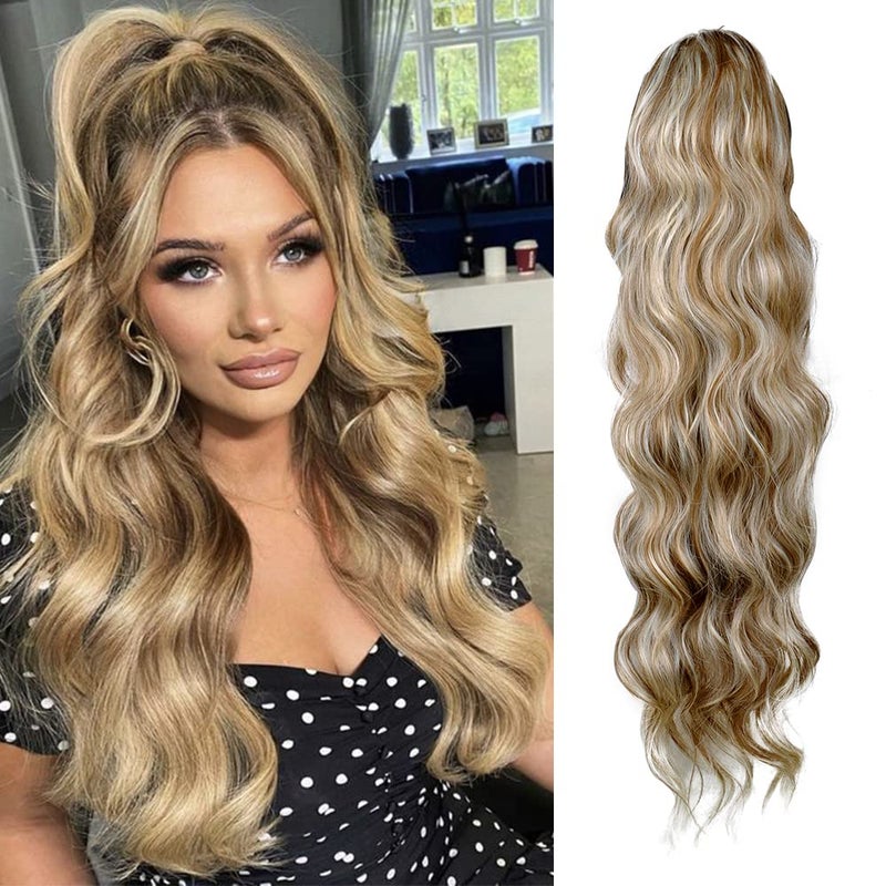 KETHBE KETHBE Long Ponytail Extension Drawstring Ponytail Hair Extensions Wavy Pony Tail Synthetic Hairpiece for Women 6H22 