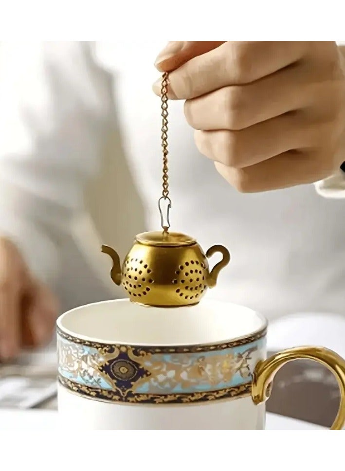 Stainless steel tea filter with chain and drip tray, used for cup and cup tea filters (gold color)  - Image 1