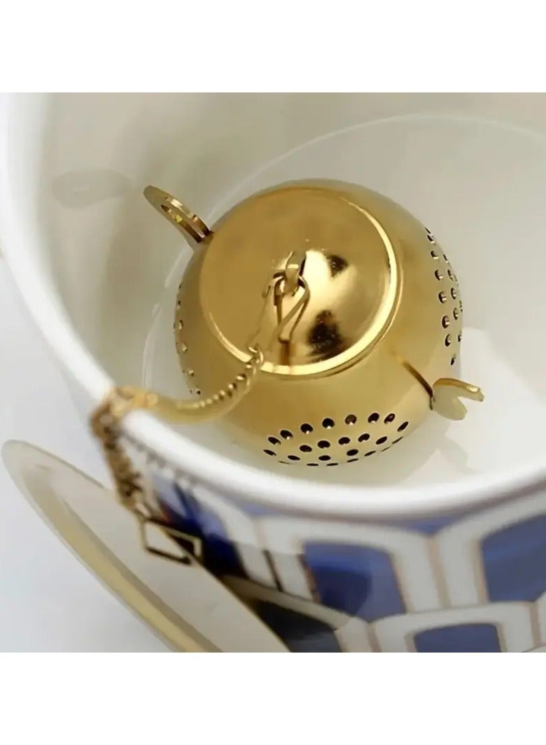 Stainless steel tea filter with chain and drip tray, used for cup and cup tea filters (gold color)  - Image 4