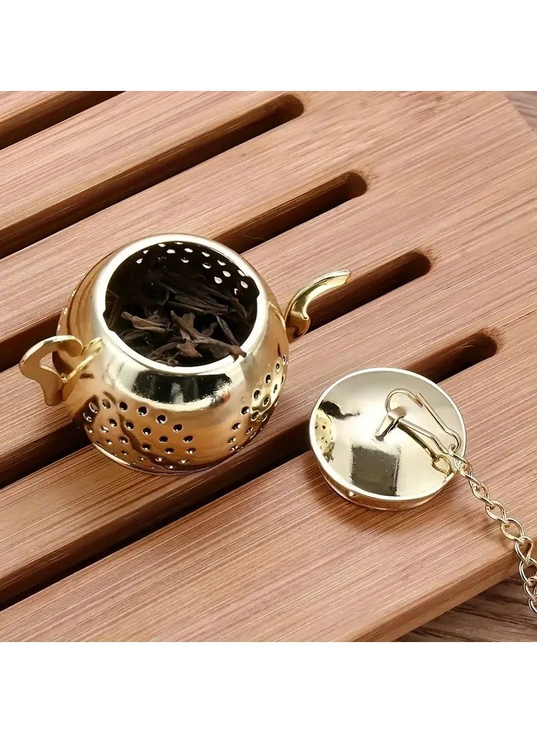Stainless steel tea filter with chain and drip tray, used for cup and cup tea filters (gold color)  - Image 5