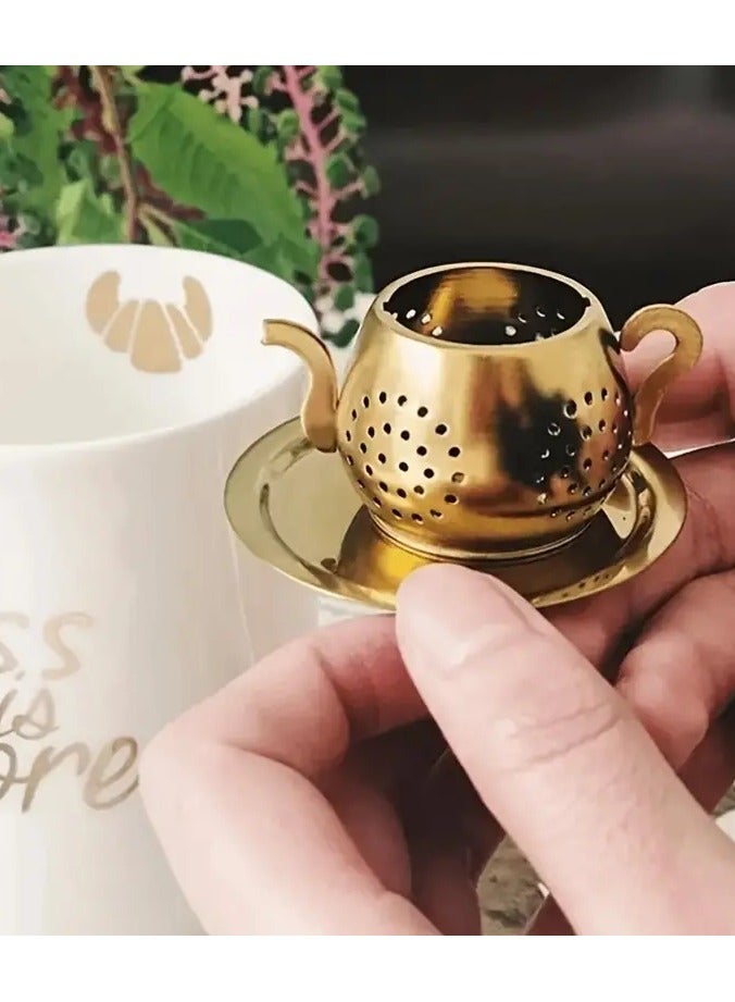 Stainless steel tea filter with chain and drip tray, used for cup and cup tea filters (gold color)  - Image 3