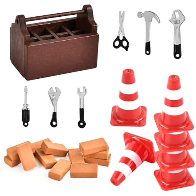 25 PIECE GNOME CONSTRUCTION SITE SET, MINIATURE TOOL BOX SET, MINI WOODEN TOOL BOX, MINI ROAD BLOCK, MINI SIMULATION BRICK, FOR DOLLHOUSE ACCESSORIES, CHRISTMAS (BLACK) - Image 1