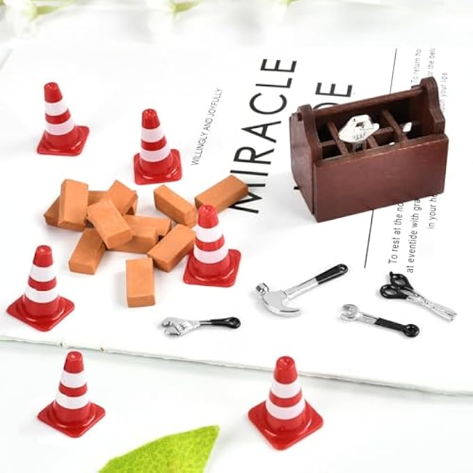 25 PIECE GNOME CONSTRUCTION SITE SET, MINIATURE TOOL BOX SET, MINI WOODEN TOOL BOX, MINI ROAD BLOCK, MINI SIMULATION BRICK, FOR DOLLHOUSE ACCESSORIES, CHRISTMAS (BLACK) - Image 5