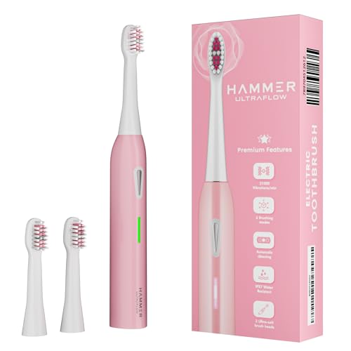 Hammer هامر ألترا فلو فرشاة أسنان كهربائية ورؤوس فرشاة قابلة للاستبدال لـ الرجال والنساء، 6 أوضاع للتفريش، بطارية قابلة لإعادة الشحن، مقاومة للماء، 31000 ضربة في الدقيقة، شعيرات فائقة النعومة، فرشاة أسنان كهربائية (وردي) - Image 1