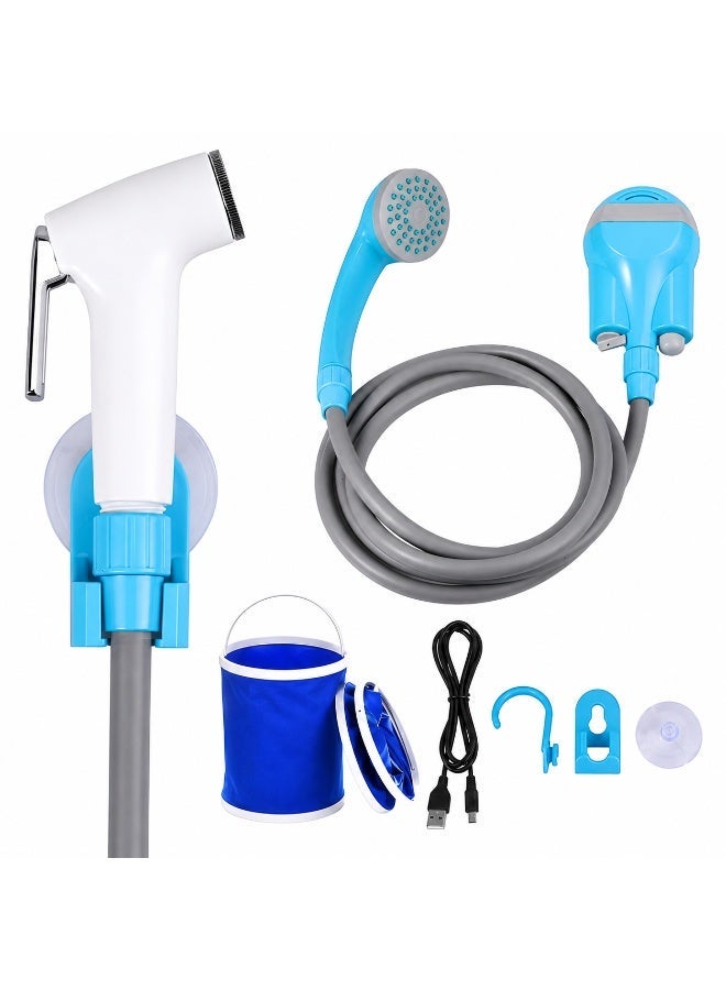 R.VIHAN Portable Camping Shower Kit for Travel Camping Hiking Beach with Foldable Bucket USB Rechargeable Water Pump  2 Meters Hose for Outdoor Car Washing Pet Cleaning Gardening Watering Plants Compact, Easy to Store and All in One Shower Solution - Image 1
