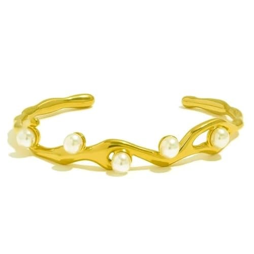 Okos Gold Plated Stainless Steel Anti Tarnish Bracelet with Pearl Accents – Sophisticated Open Cuff Bangle for Women BR1000057GLD - Image 1