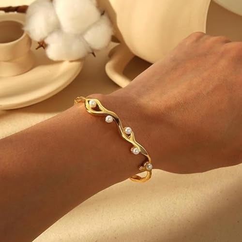 Okos Gold Plated Stainless Steel Anti Tarnish Bracelet with Pearl Accents – Sophisticated Open Cuff Bangle for Women BR1000057GLD - Image 5
