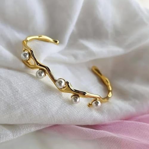 Okos Gold Plated Stainless Steel Anti Tarnish Bracelet with Pearl Accents – Sophisticated Open Cuff Bangle for Women BR1000057GLD - Image 3