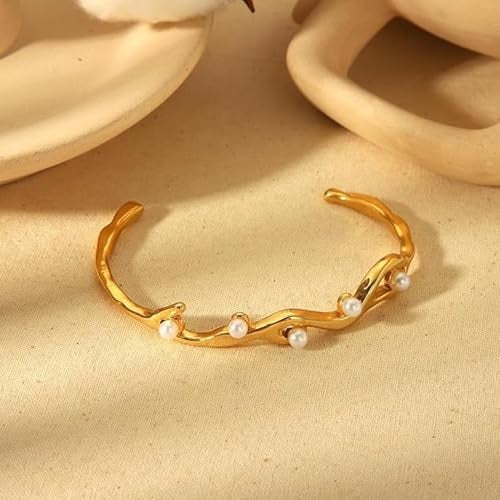 Okos Gold Plated Stainless Steel Anti Tarnish Bracelet with Pearl Accents – Sophisticated Open Cuff Bangle for Women BR1000057GLD - Image 4