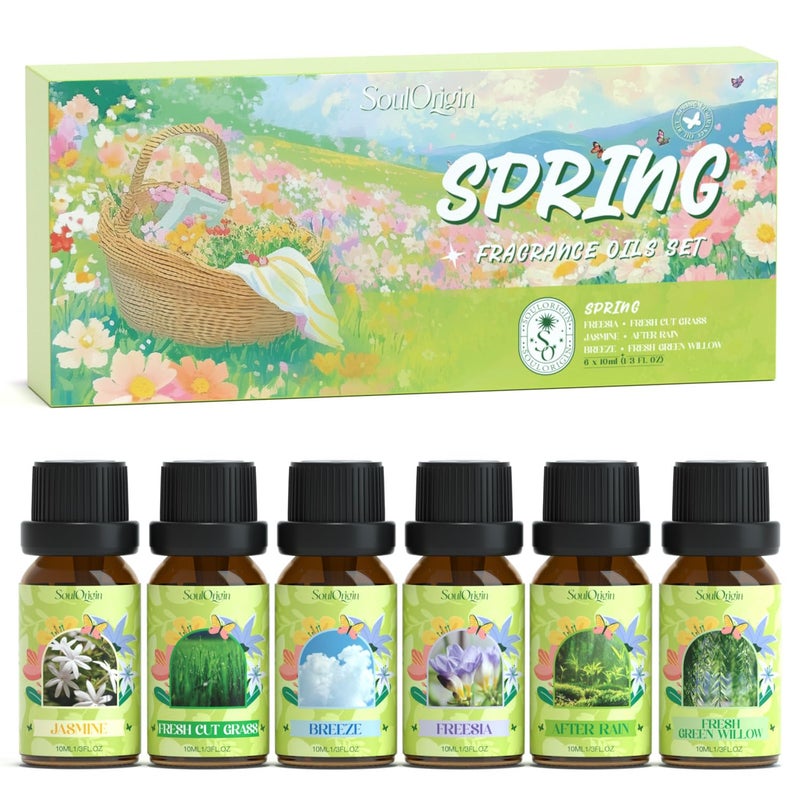 Soulorigin Spring Fragrance Oils Set, Essential Oil Gift Set for Diffuser, Spring Scent Diffuser Oil, Diffuser Scents Oil for Home,Freesia,Breeze,Fresh Green Willow,Fresh Cut Grass,Jasmine, After Rain - Image 1