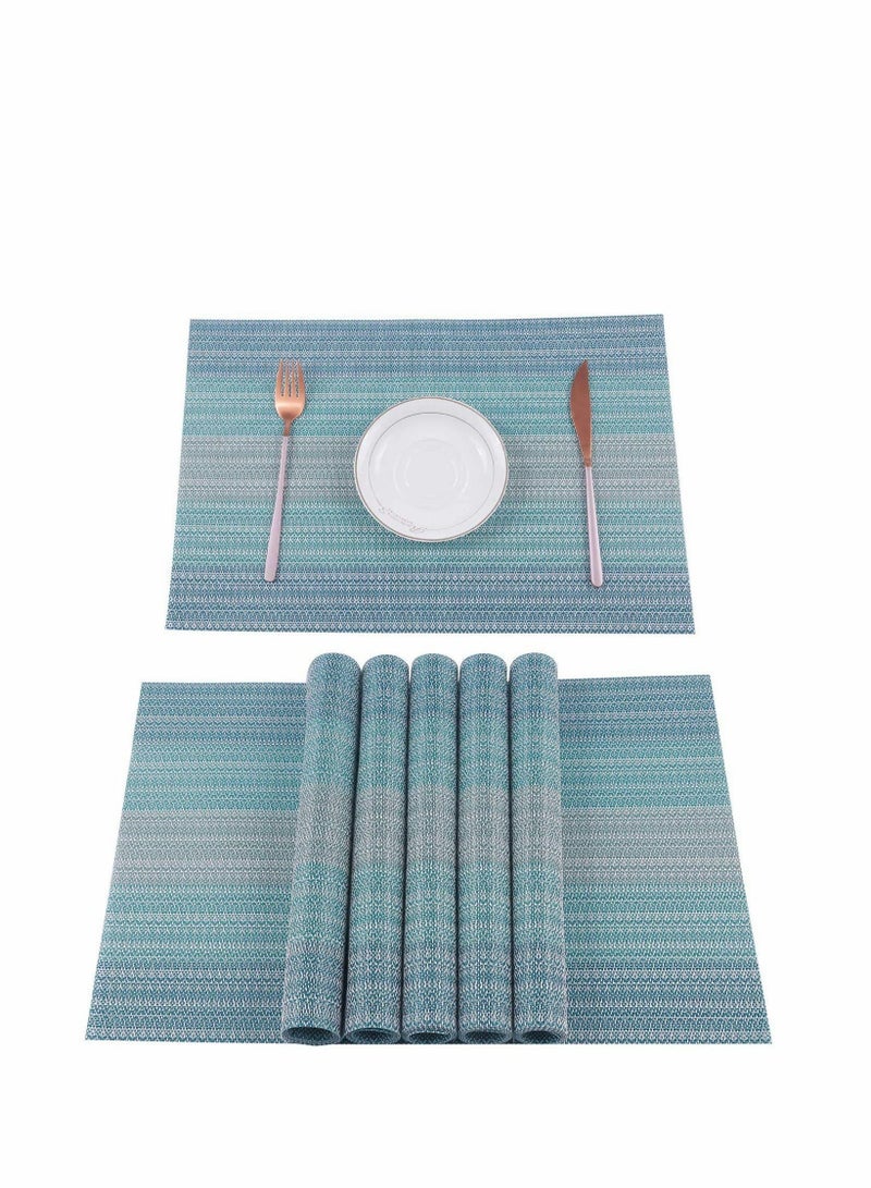 شو وو Home Pure Linen Placemats Chambray Teal Set of 6 Athena Natural Fabric Handcrafted Machine Washable Weave Non-Slip Kitchen Table Mats - Image 1