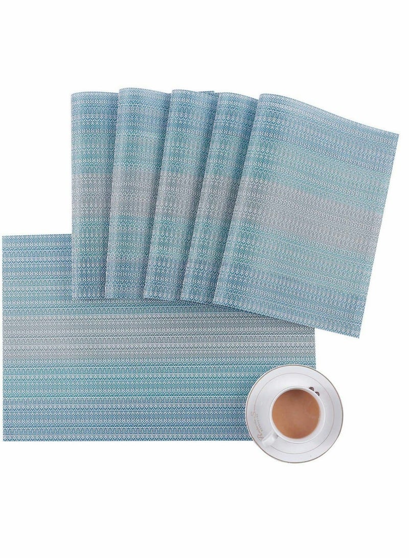شو وو Home Pure Linen Placemats Chambray Teal Set of 6 Athena Natural Fabric Handcrafted Machine Washable Weave Non-Slip Kitchen Table Mats - Image 5
