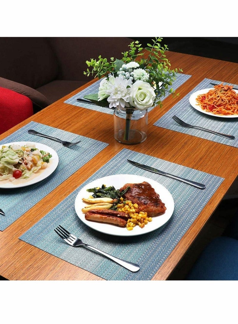 شو وو Home Pure Linen Placemats Chambray Teal Set of 6 Athena Natural Fabric Handcrafted Machine Washable Weave Non-Slip Kitchen Table Mats - Image 3