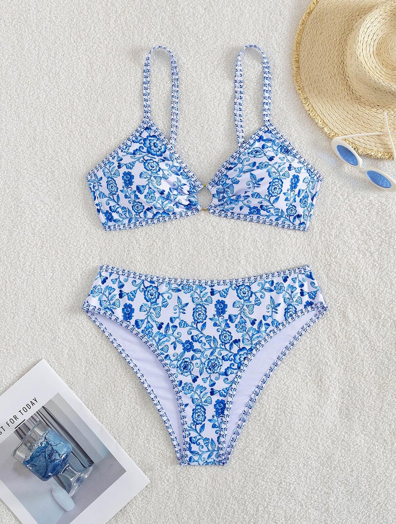 Tainehs Women's Two Piece Bikini Sets O Ring Front Top Ditsy Floral Triangle Swimsuits Cheeky Bathing Suit - Image 4