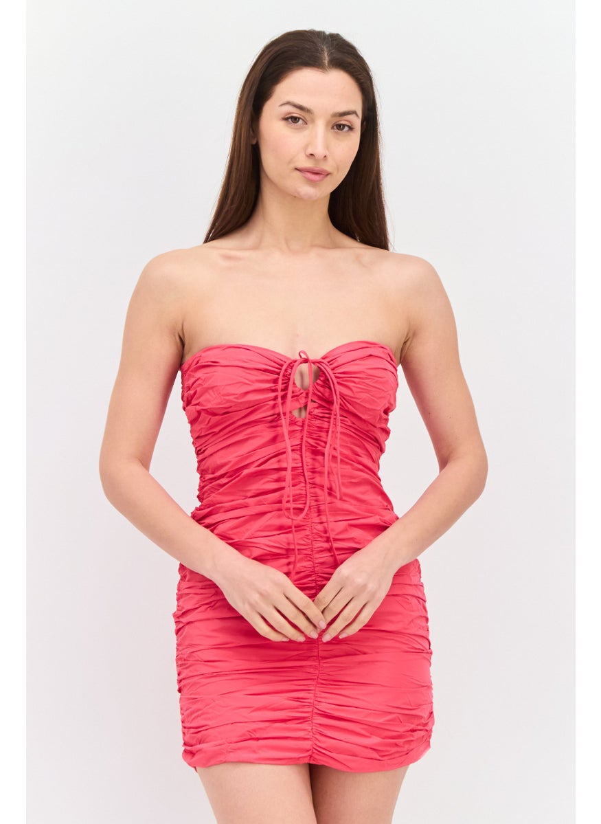 MANGO Women Ruched Strapless Mini Dress, Pink  - Image 1