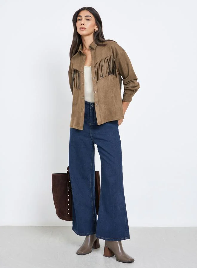 Styli Styli Brown Tassel Trim Suede Look Shirt