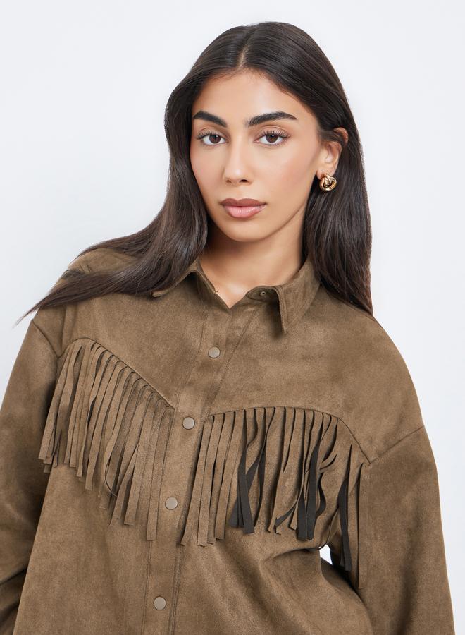 ستايلي قميص بمظهر شمواه وحواف شراشيب - Image 4