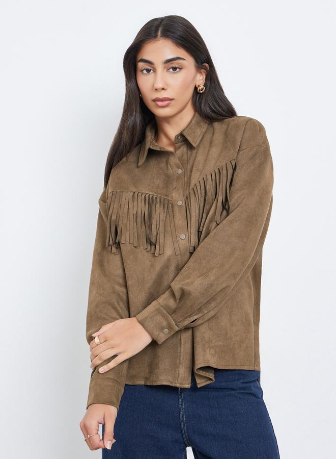 ستايلي قميص بمظهر شمواه وحواف شراشيب - Image 3