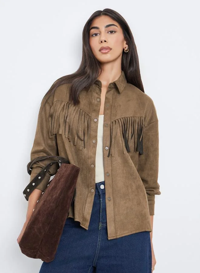 Styli Styli Brown Tassel Trim Suede Look Shirt