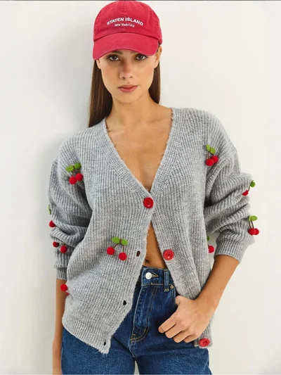 Bianco Lucci LUCCI V-Neck Fruit Embroidered Knitwear Cardigan