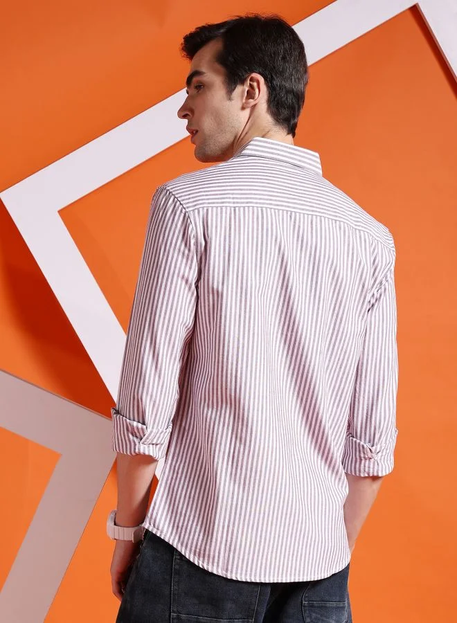 The Indian Garage Co Men Slim Fit Striped Full Sleeves Cutaway Collar Casual Shirt
