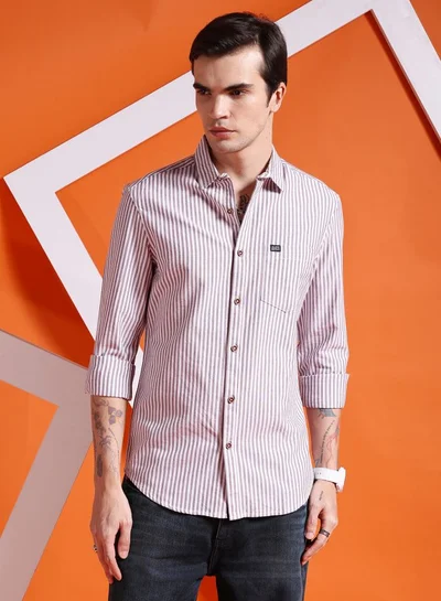 شركة المرآب الهندية Men Slim Fit Striped Full Sleeves Cutaway Collar Casual Shirt