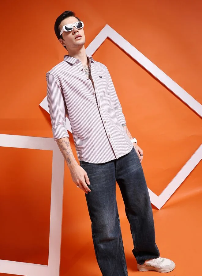 The Indian Garage Co Men Slim Fit Striped Full Sleeves Cutaway Collar Casual Shirt