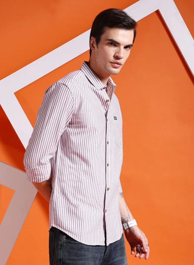 The Indian Garage Co Men Slim Fit Striped Full Sleeves Cutaway Collar Casual Shirt