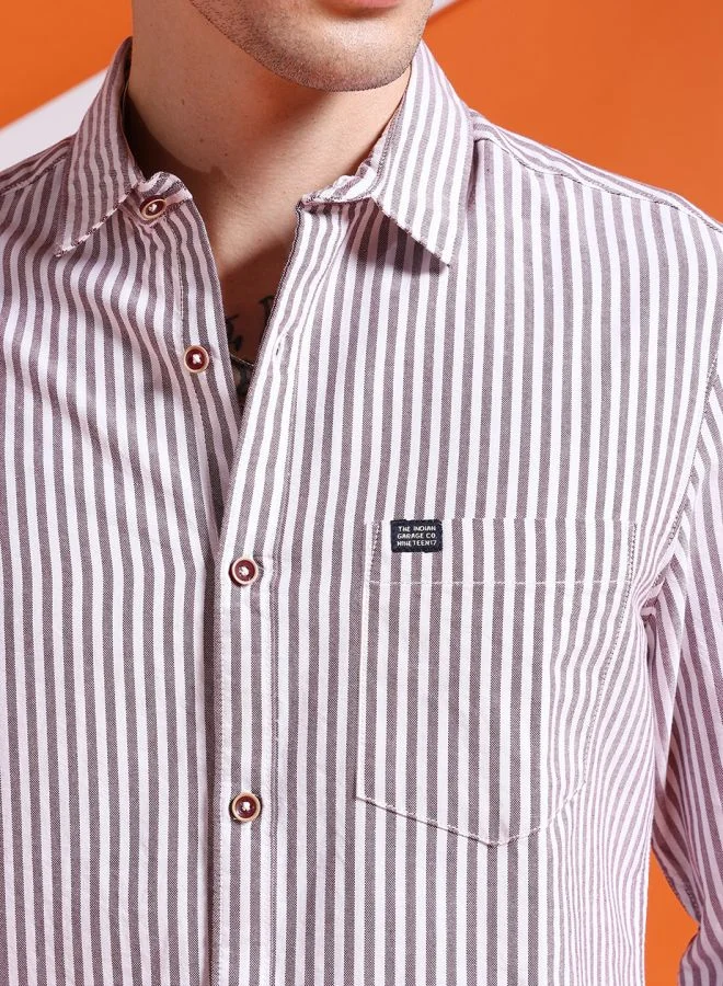 The Indian Garage Co Men Slim Fit Striped Full Sleeves Cutaway Collar Casual Shirt