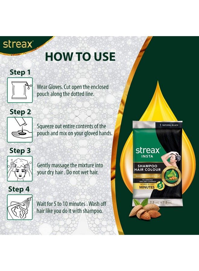 Streax شامبو إنستا لتلوين الشعر للرجال والنساء باللون الأسود الطبيعي 18 مل (عبوة من 24 قطعة)؛ غني بزيت اللوز ومستخلصات النوني؛ لون فوري يدوم طويلاً - Image 4