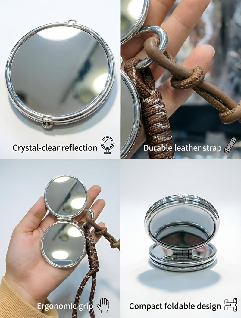 Leather - Stylish handheld mirror with ultra-clear glass surrounded by durable artificial leather frame and a snap closure guard ensuring long-lasting pristine condition. (option 3) - Image 3