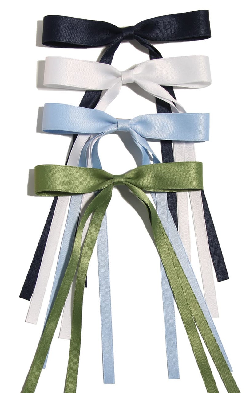 LFOUVRE 4pcs Hair Clips for Women Tassel Ribbon Bowknot with Long Tail Clip Girl Solid Accessories Barrettes Claw Bow Navy White Light Blue Green Pack of 1