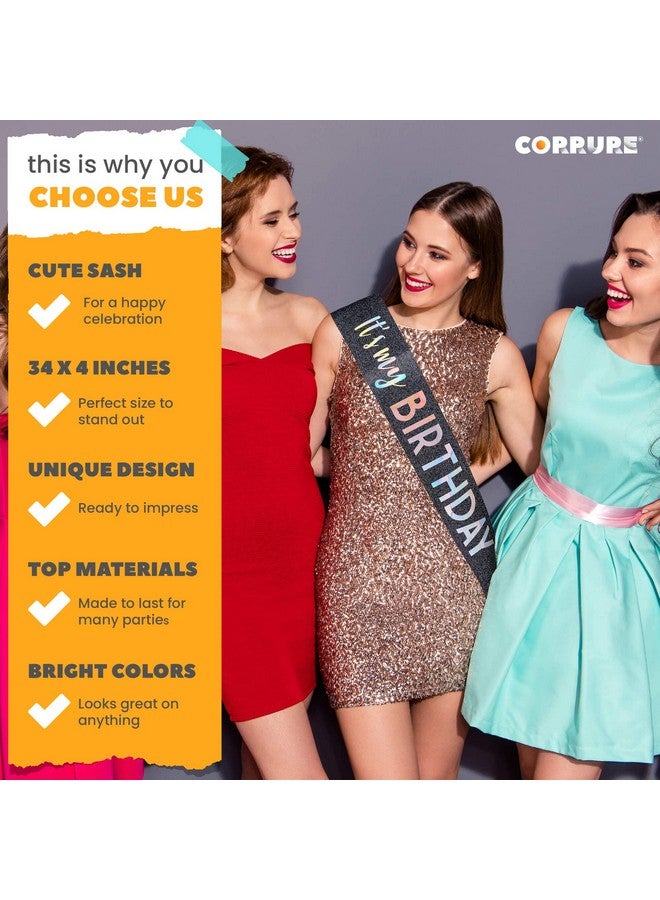 CORRURE 'It's My Birthday' Sash Glitter with Multicolor Foil - Black Glitter Happy Birthday Sash for Women - Party Favors Supplies and Decorations for Sweet 16, 18th 21st 30th 40th or Any Bday Party - Image 3