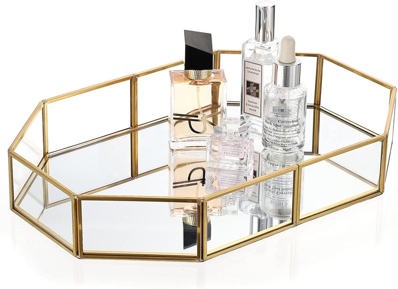 Hipiwe gold perfume tray - glass mirror makeup tray ornate vanity tray dresser tray jewelry trinket organizer tray for bathroom storage tray for home decor,12.4''x 8.5'' - Image 1