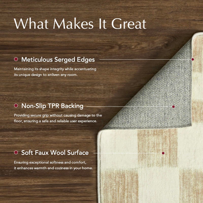 EVERGRACE Checkered Plaid Area Rug 2x6, Soft Faux Wool Rugs Washable Anti Slip Rugs Long Runner Rug Carpet for Entryway Bedroom Living Room Hallway Kitchen Dining Room and Laundry Room, Beige - Image 3