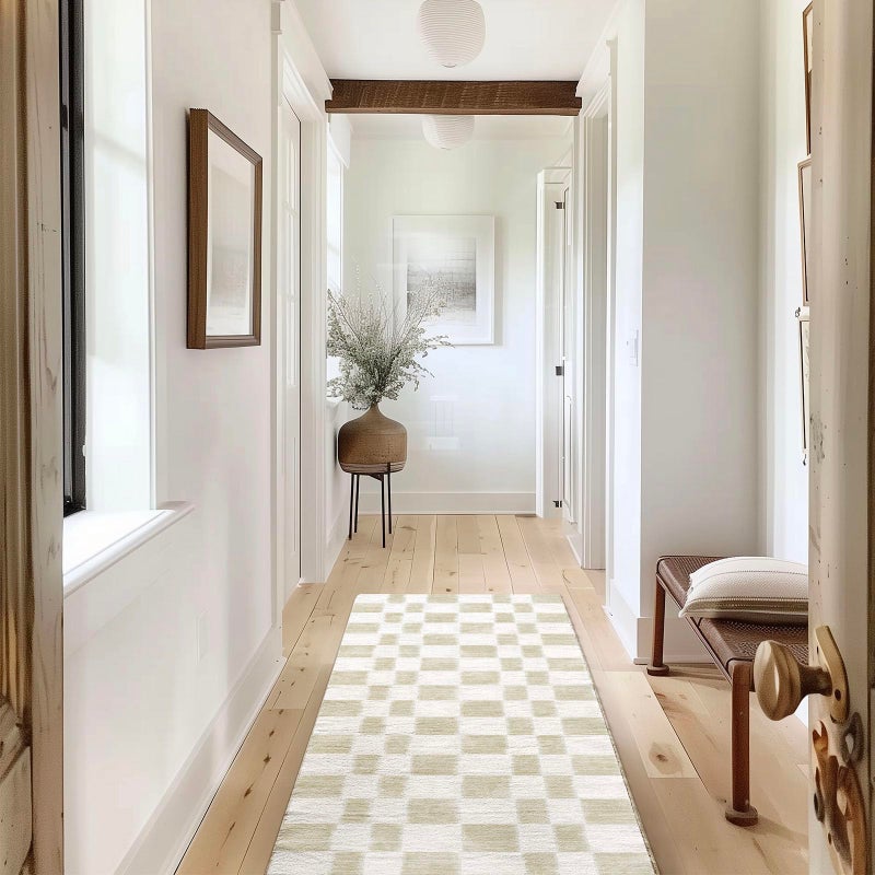 EVERGRACE Checkered Plaid Area Rug 2x6, Soft Faux Wool Rugs Washable Anti Slip Rugs Long Runner Rug Carpet for Entryway Bedroom Living Room Hallway Kitchen Dining Room and Laundry Room, Beige - Image 1